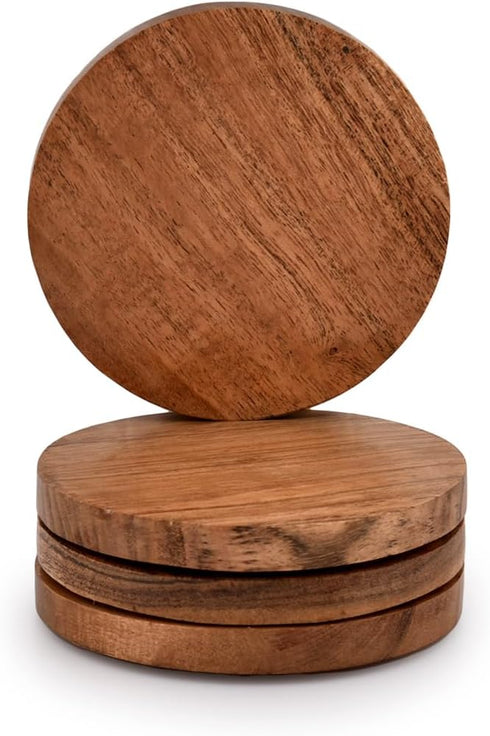 Samhita Acacia Wood Round Coasters, Set of 4 for Protection of Tabletop, Countertop from Water Marks or Damage