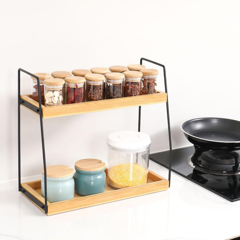 ZOBONETI Counter Countertop 2 Counter Bamboo Bathroom Organizer, Wooden Bathroom Sink Organizer, Ties Vanity Top Shelf