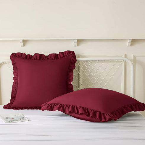 18x18 Inches, Set 2, KKJIAF Ruffle Pillow Cases Burgundy Square Ruffled Pillow Covers of Microfiber Wrinkle Resistant