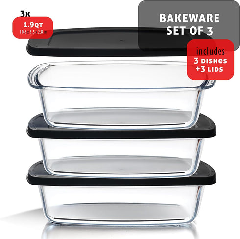 EATEX Glass Bread Pans for Homemade Baking, 1.9 Quart Deep Rectangular Food Storage Containers with Lids, 3 Loaf Pans