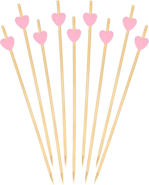 BambooMN 7.1 Inch Pink Heart Bamboo Food and Drink Pick Skewers – 100 Pieces for Catered Events