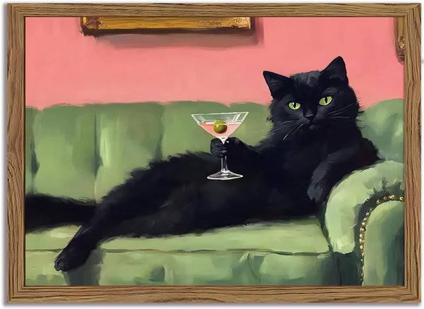 Funny Black Cat Martini Wall Art Eclectic Whimsical Cat Wall Decor Cocktail