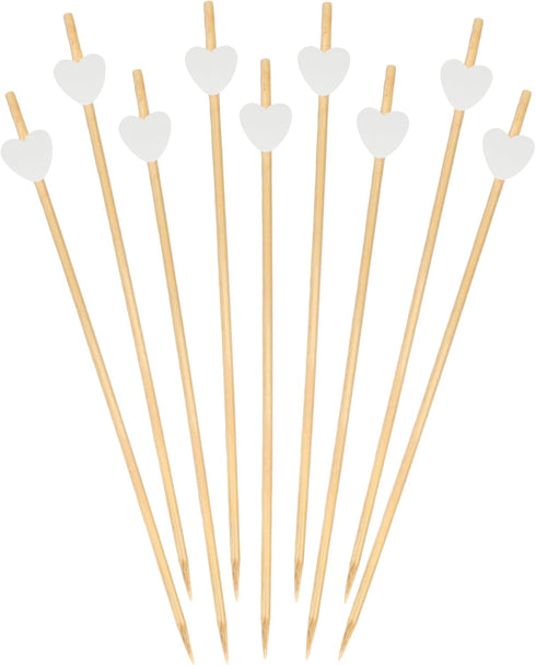 BambooMN 7.1" Decorative White Heart Bamboo Cocktail Picks, 100 Pieces for Events, Holidays, Parties