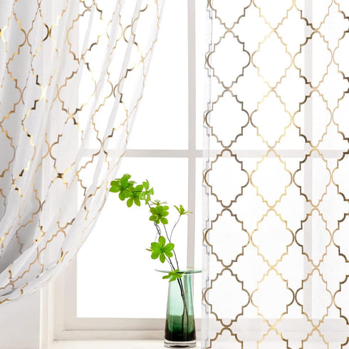 Kotile 63 Inch White and Gold Sheer Curtains, 2 Panels Set, Light Filtering Shimmer Ogee Sheer Curtains