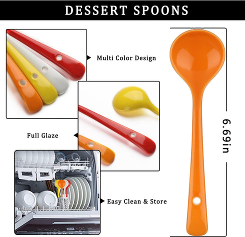 Set of 4 Ceramic Dessert Spoons, Long Handle Korean Porcelain Spoons for Appetizers, Cereal, and Dessert (Multi-color)