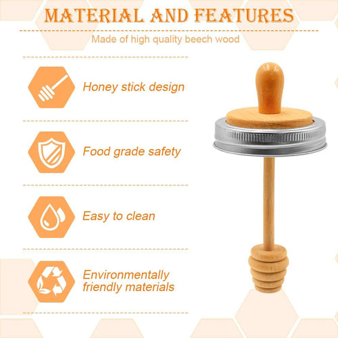 Sun3drucker Set 16 oz Wooden Mason Jar Honey Dipper with Lids - Honey Dipper Wooden Stick for Regular Mouth Mason Jars