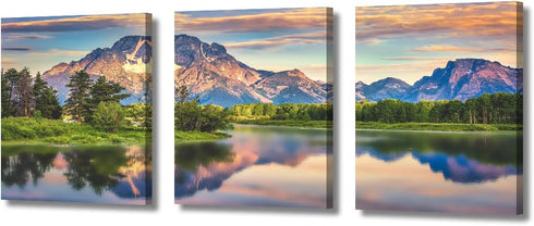 Grand Teton Sunset Landscape Paintings, 3 Panel Wall Art Prints on Canvas, Framed 36" Wx16" H House Decor