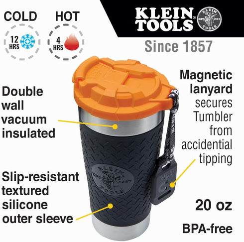 Klein Tools 55580 Stainless Steel Tumbler, 20 Oz. Insulated Double Wall Vacuum Mug with Flip-Top Lid