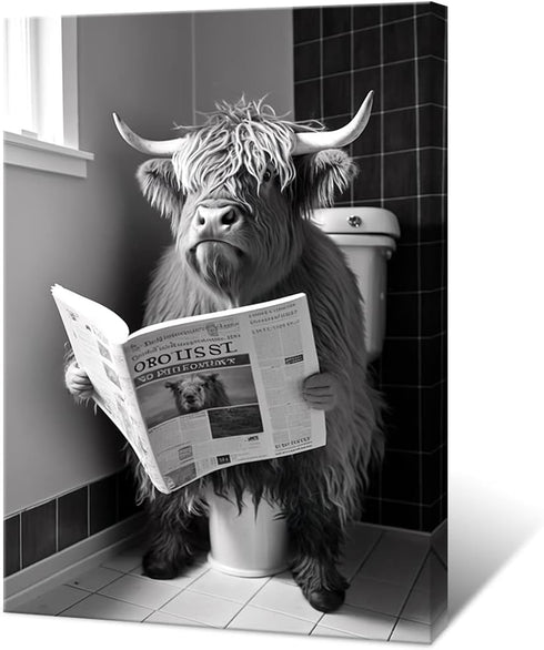 KOEUIRW Funny Highland Cow Bathroom Canvas Wall Art, Black and White Longhorns Poster for Bathroom Decor