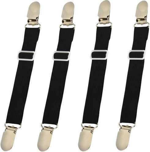 Bed Sheet Clips Holder Straps, Adjustable Elastic Mattress Grippers Fasteners - Black Set of 4