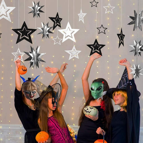 Cheerland Glitter Black Silver Party Decorations - Star Garlands for Birthday, Halloween, Wedding, Ramadan