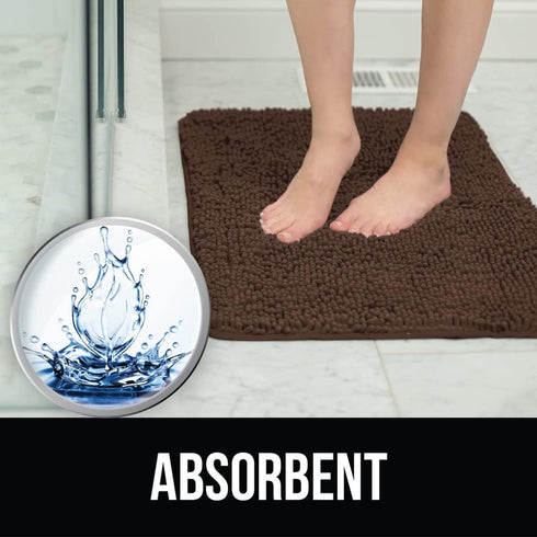 KANGAROO Luxury Chenille Bath Rug, 30x20, Extra Soft and Absorbent Shaggy Mat for Tub, Shower, Bathroom, Brown
