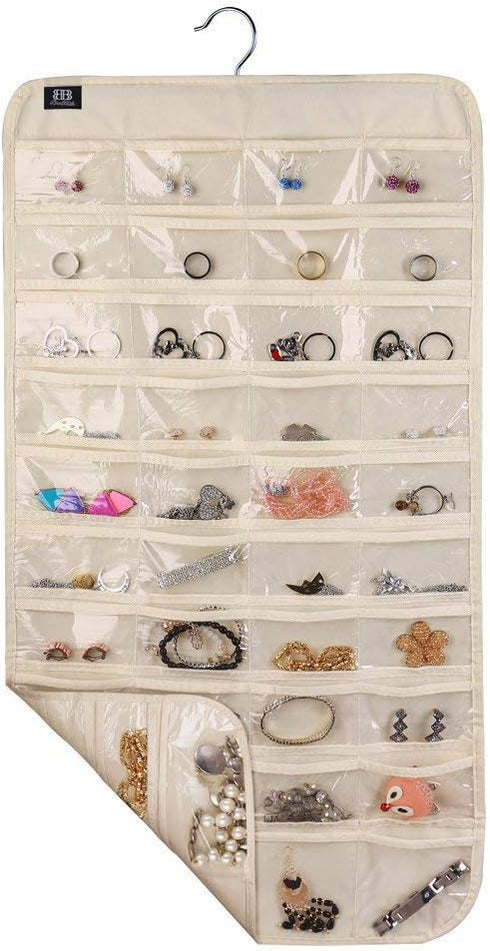 Hanging Jewelry Organizer, 80 Pocket Accessories Organizer for Holding Jewelry, Beige.