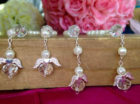 25 Pc Ivory Color Baptism Favors with Angels, Mini Rosaries, Silver Plated Acrylic Beads