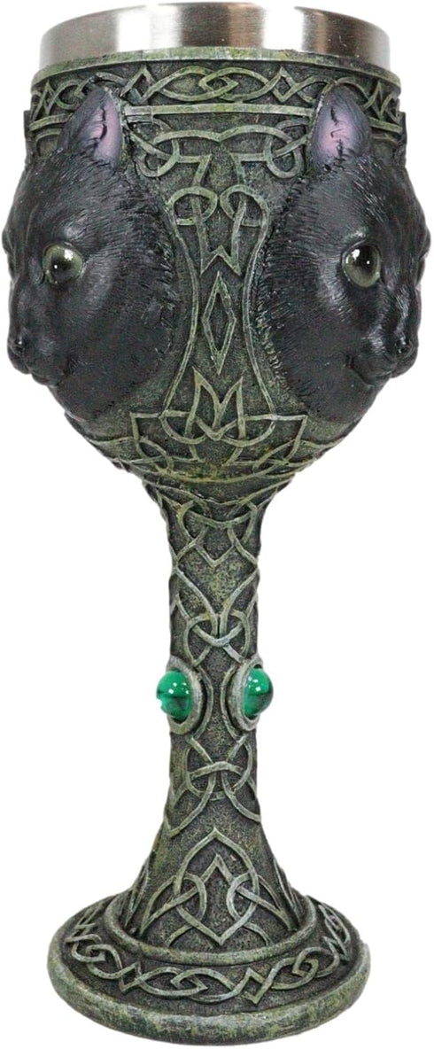 Ebros Wicca Mystical Witching Hour Black Cat Wine Goblet, 7oz Celtic Beverage Chalice with Green Gems