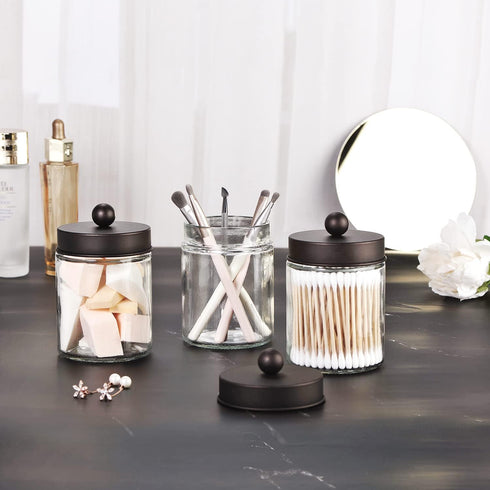 Apothecary Jar Canisters for Bathroom Vanity, Qtip Holder Storage Organizer with Stainless Steel Lids & Cute Stickers,