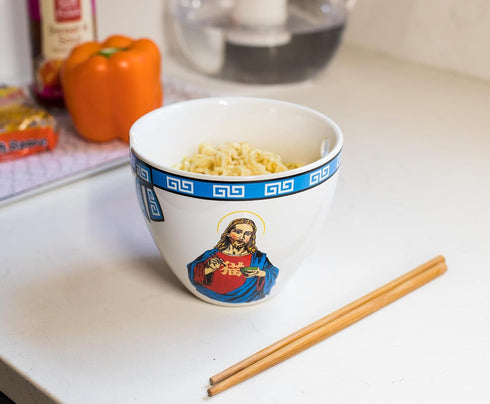 Bowl Bop Jesus Can I Get A Ramen? Japanese Ceramic Dinnerware Set, 16-Ounce Ramen Bowl and Wooden Chopsticks