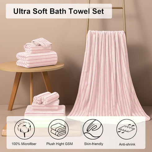 8 Set Sheet-2 Towels,2 Towels,4 Oliven Pcs Pink Cabana Stripe Large Bath Towels Oversized Bath Bathroom Hand Washcloths