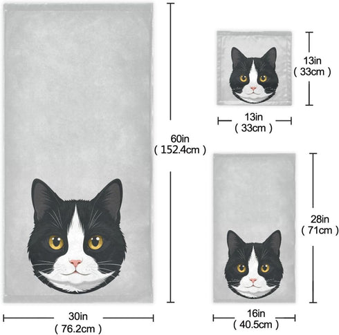 Aslsiy Set 3 Cute Black White Cat Towel Pcs Kitten Kitty Bath Hand Towels Washcloth Soft Thin Durable Towel
