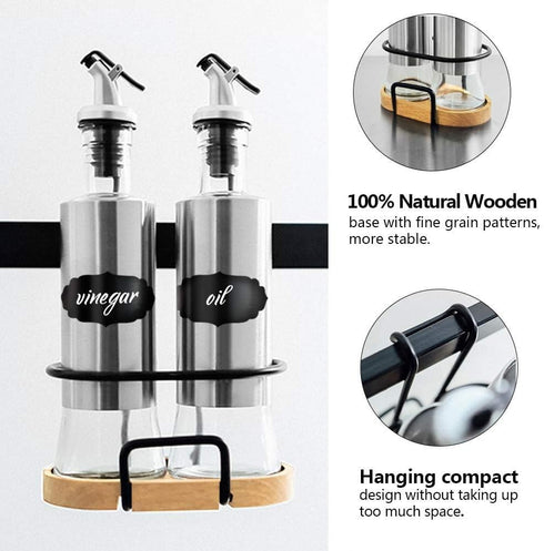 Set, 2-piece Set 10.3 Oz Upra Olive Oil and Vinegar Bottle Container with Rack and Wooden Base, |No-Drip Double