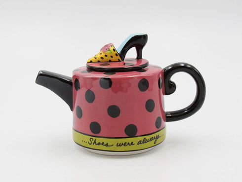 6 1/2 Inch Teapot, Pink and Black Polka Dot with High Heel Top Lid