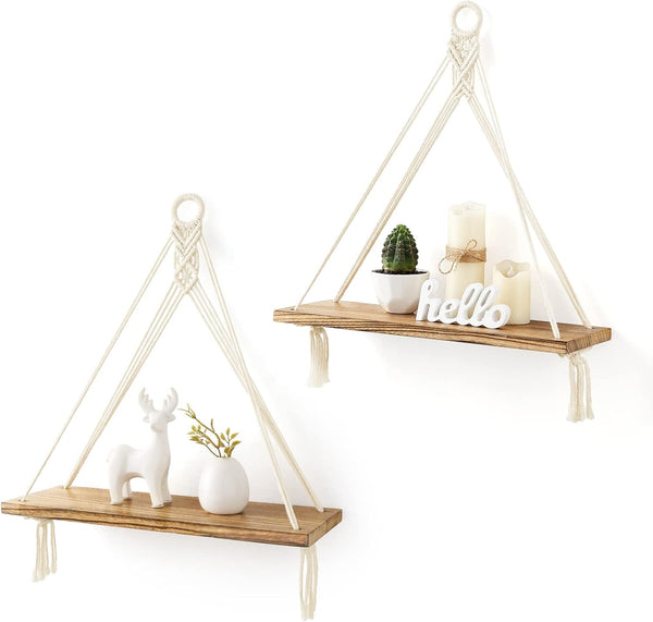 Mkono Macrame Hanging Shelves Boho Wall Decor Set of 2 Rustic Wood