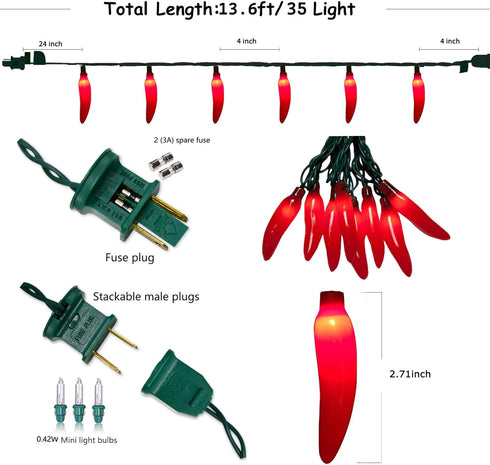 Egcol 13.6FT 37 Lights(2 Chili Pepper String Lights with Mini Red Chili Spare),Chili Pepper Christmas Incandescent