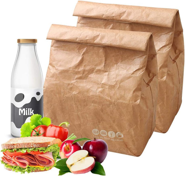 Hangnuo 2 Pack Insulated Brown Paper Lunch Bags Reusable, Retro Lunch Sacks