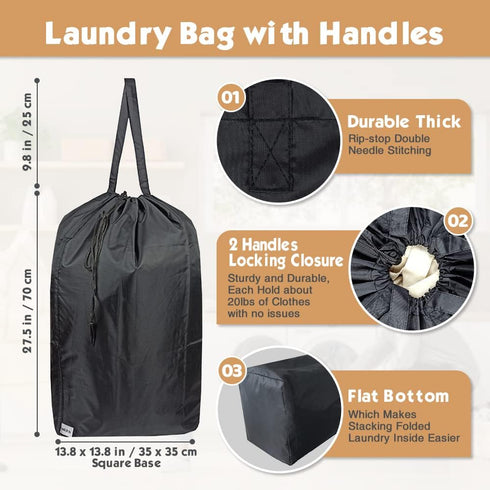 Washable Travel Laundry Bag with Handles and Drawstring (2 Pack), Heavy Duty, 27.5x34.5 in, Black