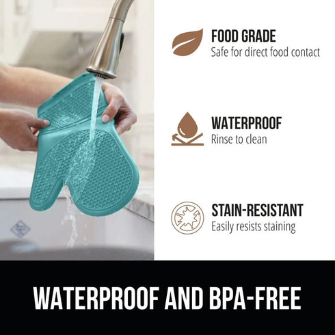 Gorilla Grip 4 Piece Silicone Oven Mitt and Trivets Set, Waterproof, Cotton Lined, BPA-Free, Turquoise