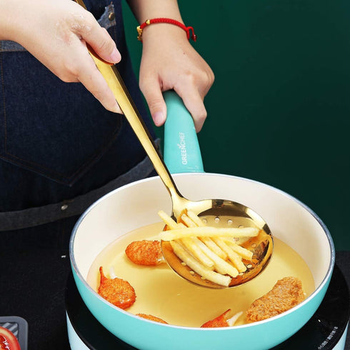 Gold Skimmer, Berglander Metal Strainer with Titanium Gold Plating, Kitchen Cooking Skimmer for Non-Stick Cookware