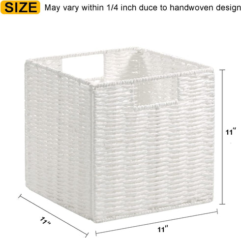 Vagusicc Wicker Storage Basket, Set of 2 Foldable Cube Storage Bins, 11 Inch Square (White)