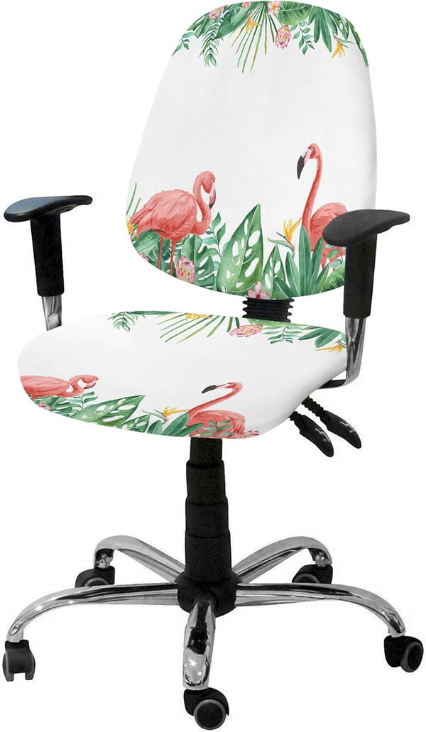 Summer Flamingo Office Chair Cover, Stretchable Computer Chair Seat Cover, Green Botanical Tropical Plants Slipcovers
