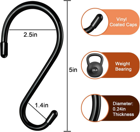 5 Inch Large S Hooks,10 Pack Heavy Duty S Hooks for Hanging,Closet S Hooks with Vinyl Coated,Non Slip Steel Metal Black Rubber S Hooks for Hanging Plants,Clothes,Jeans,Pot Pan Garden