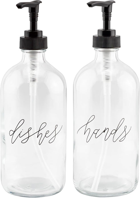 Cornucopia Brands 16oz Pump Bottles, Clear, Set of 2, Pump Dispensers for Kitchen and Home