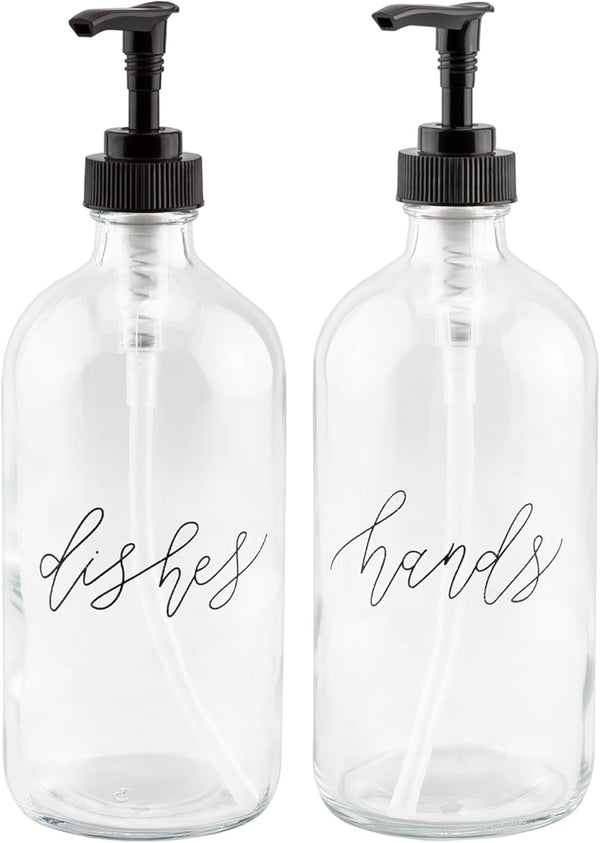 Cornucopia Brands 16oz Pump Bottles, Clear, Set of 2, Pump Dispensers for Kitchen and Home