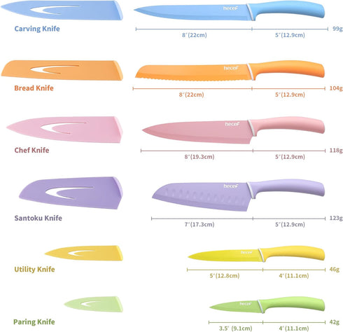 hecef Colorful Knife Set, 6 Pieces Kitchen Knife Set with Covers, Stainless Steel Colour Coded Non-Stick Cooking Knife Set Including Paring, Utility, Bread, Carving, Santoku & Chef Knife by hecef