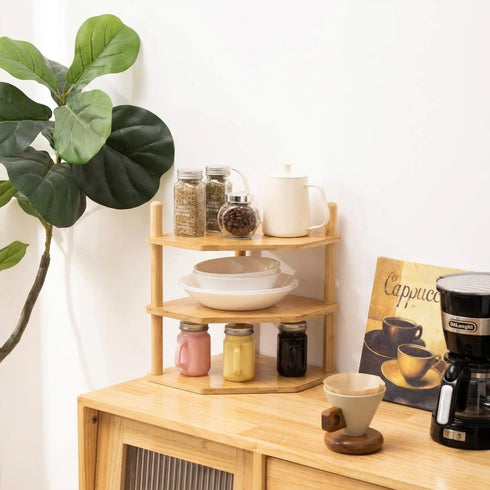 3 Counter (1, 3Tier-3.9" Tier Expandable Bamboo Corner Shelf - Dish/Plate Organizer for Cabinet, Kitchen Shelf & Small