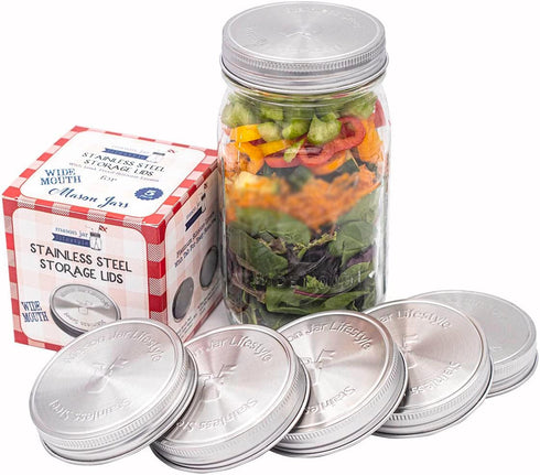 Mason Jar Lifestyle 5 Pack Stainless Steel Storage Lids - Heavy Duty Caps for Wide Mouth Jars, Airtight Design