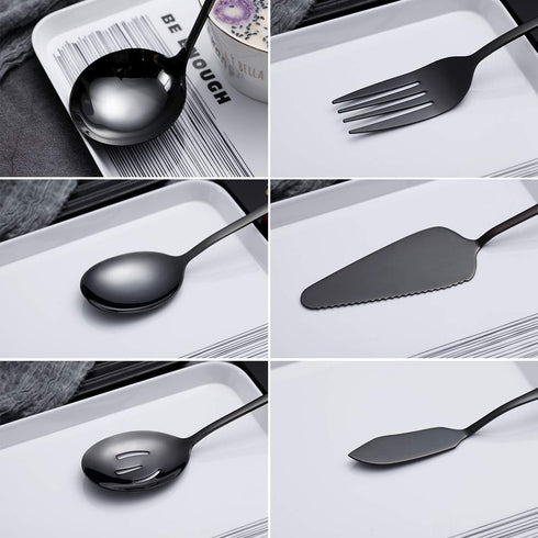 HOMQUEN 6-Piece Black Serving Flatware Set, Stainless Steel Utensil Set with Cake Server, Soup Ladle