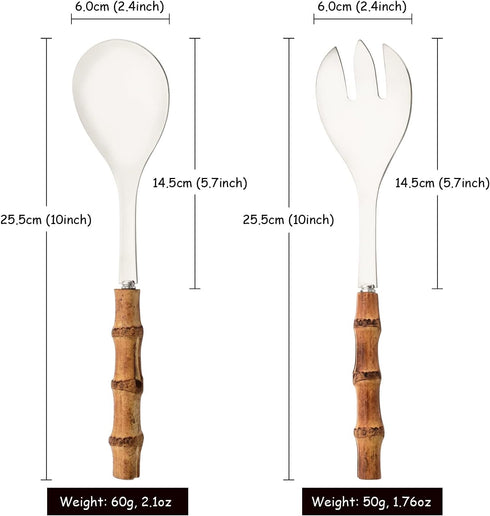 Serving Spoon and Fork Set, 304 Stainless Steel Serving Utensils with Natural Bamboo Handle, 10" Long Handle Serving Set for Kitchen Party Buffet, 4 Pieces / 2 of Each by Uniturcky