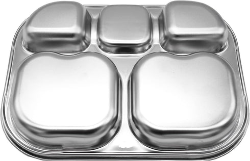 Korean Stainless Steel Divided Plates by KS&E, BPA Free, 5 Compartment Plate Silver, Set of 2