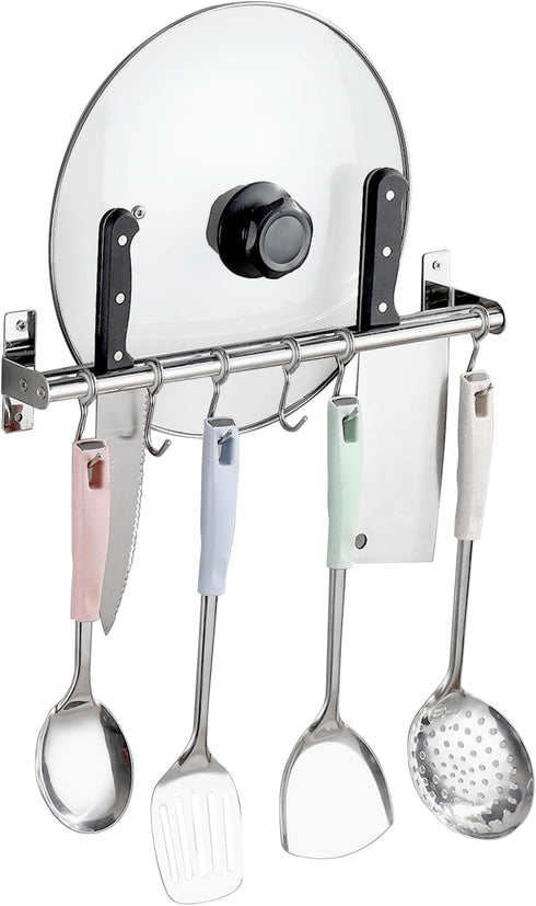 ASkinds Utensil Hanging Rack, Stainless Steel Wall Mounted Pot Pan Lid Holder for Kitchen Storage