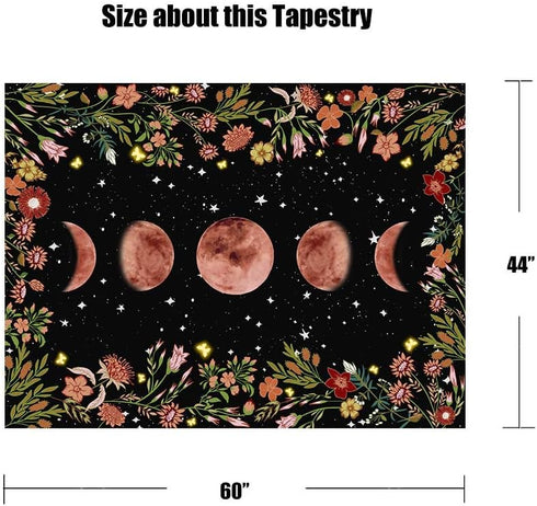 Rexful Moonlit Garden Tapestry - Moon Phase Surrounded by Plants and Flowers, Black Wall Hanging Blanket 44×60 inch