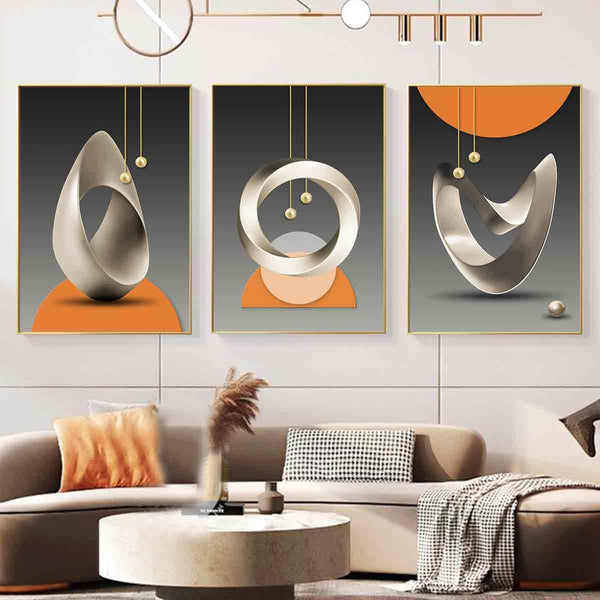 Orange Geometric Wall Art, Modern Abstract Print Decor, Silver Grey Nordic Minimalist Poster, 16x24inch, Set of 3