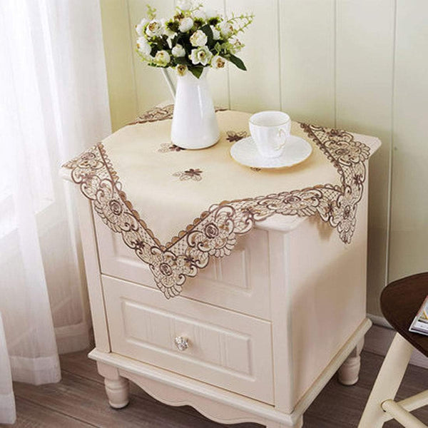 LeLehome 22" Square Classic EmbroideredTablecloth, Vintage Brown Flower Beige Small Table Cloth