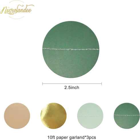 NICROLANDEE 3 Pack Sage Green Dots Paper Garland String Hanging Backdrop for Wedding Party, Baby Shower, Birthday,