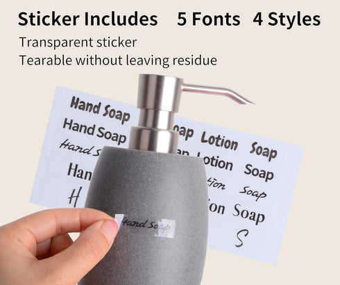 12 Oz, 2 Sets Clasin Home Sandstone Textured Resin Soap Dispenser with Metallic Pump and Waterproof Bottle Labels