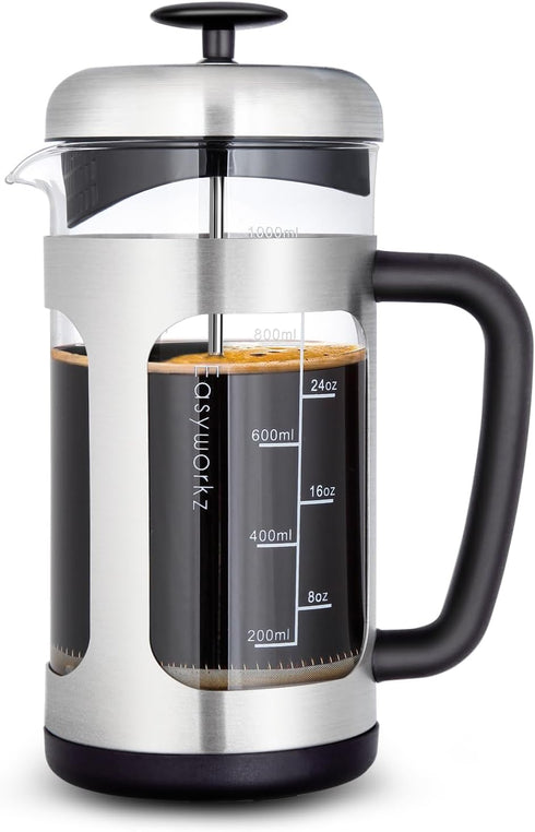 Easyworkz Stainless Steel French Press Coffee Tea Maker, 34 oz with Soft Grip Handle