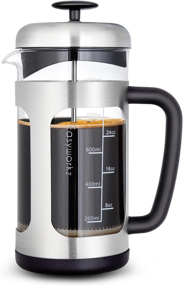 Easyworkz Stainless Steel French Press Coffee Tea Maker, 34 oz with Soft Grip Handle